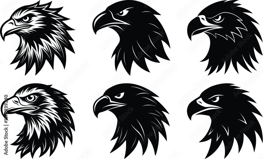 Fototapeta premium Eagle head silhouette vector set: bundle of bird of prey illustrations isolated on white background