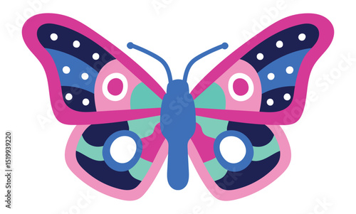 Colorful butterfly with pink, blue, and green patterns on its wings creates a visually appealing design, suitable for various creative projects