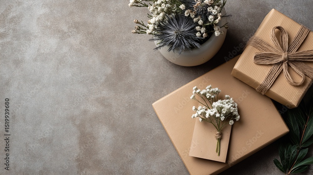 Fototapeta premium Two Gift Boxes Wrapped in Brown Kraft Paper with Hemp Rope and White Flowers. Warm and Natural Atmosphere on Gray Concrete Surface