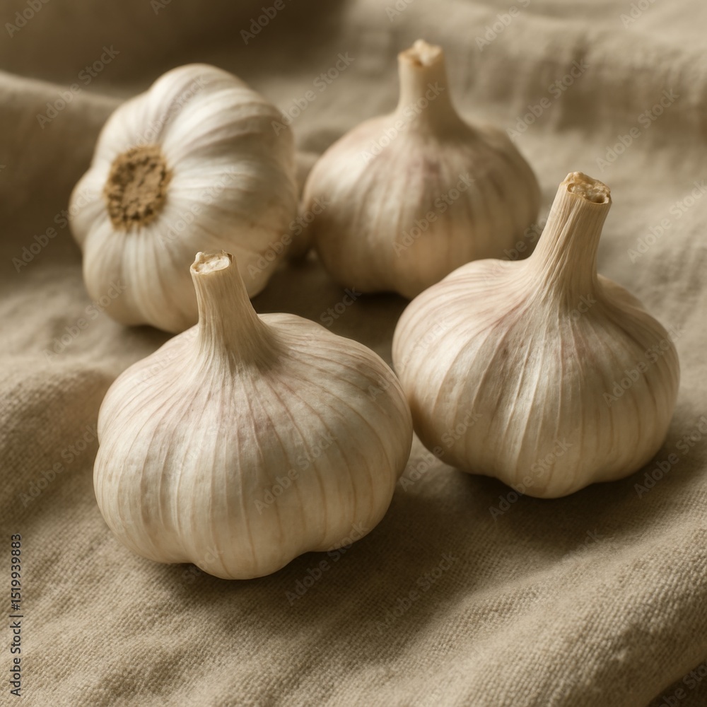 Obraz premium Four garlic bulbs on natural linen fabric
