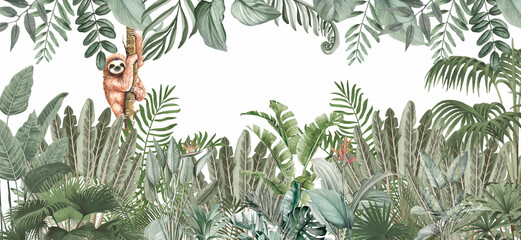 Papier peint photo Jungle Singes espiègles feuillage tropical vert enfants  © csinie1