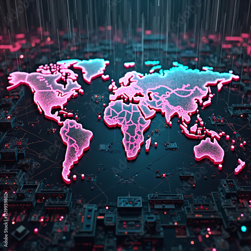 Cyberpunk neon world map with glowing pink and teal city connections, futuristic data visualization