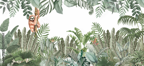 Fototapeta Naklejka Na Ścianę i Meble -  Kids Room Wall Mural: Monkeys in Lush Green Tropical Foliage Landscape Border
