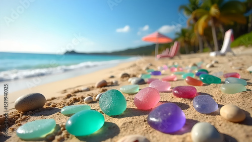 Colorful polished sea glass and gemstones on sunlit sandy beach.