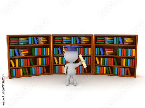 3D Character with gradiation hat in a library
