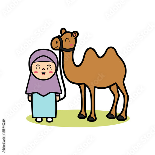 Cute Cartoon Illustration Muslim Girl and Camel Celebrating Eid al-Adha