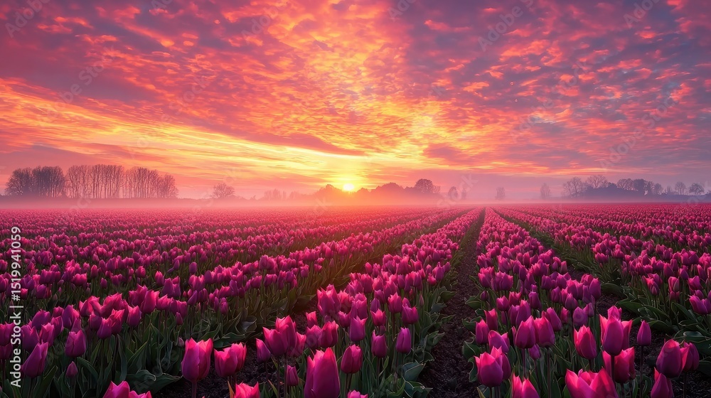 Obraz premium Vibrant Sunset Over Tulip Field with Colorful Skies and Mist