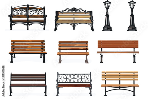 Cartoon bench. Wooden park benches, comfortable public garden seats and outdoor furniture vector illustration set. Wooden exterior elements for relaxation in city isolated on white.