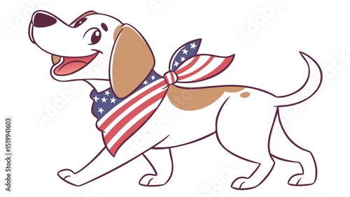 Cartoon dog with american flag bandana walking happily on a white background in a simple illustration