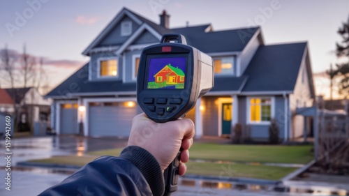 A handheld infrared thermal scanner is pointed at a house at dusk, displaying heat distribution on a screen, representing energy efficiency analysis or insulation diagnostics.