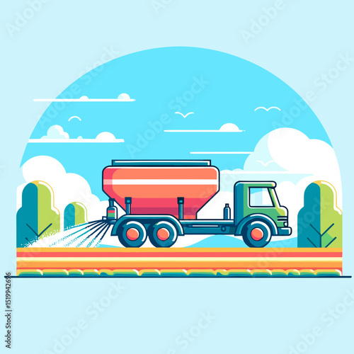 Colorful fertilizer spreader truck distributing nutrients on vibrant field