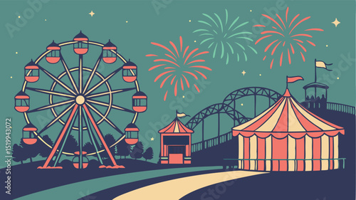 Illustration of a carnival at night with a ferris wheel, tents, fireworks, and a roller coaster ride