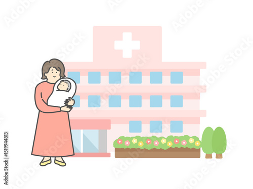 母親と抱っこされる赤ちゃん  産婦人科   建物  イラスト