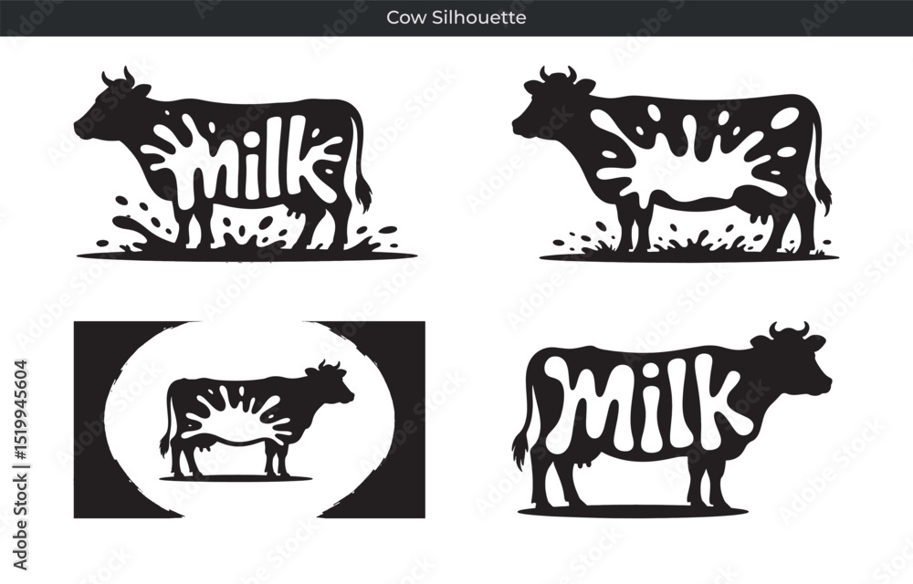 Fototapeta premium Set of four black and white cow silhouettes displaying milk splash and milk text logos