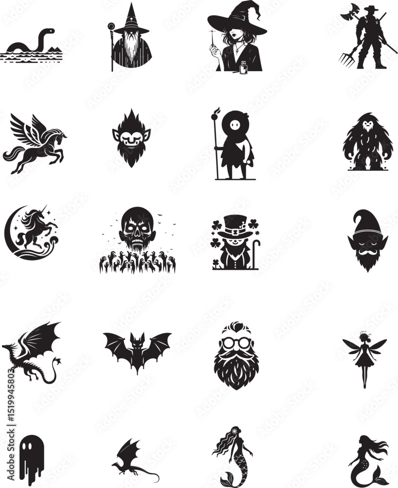 Fototapeta premium isolated Fantasy creature line icon set. Vector pictograms of unicorn, pegasus, dragon, witch, wizard, ghost, vampire, zombie. Mythical beings and monsters icon