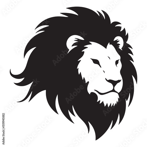 Lion head vector illustration with black silhouette style showing wild animal face in cartoon tattoo design isolated on white background