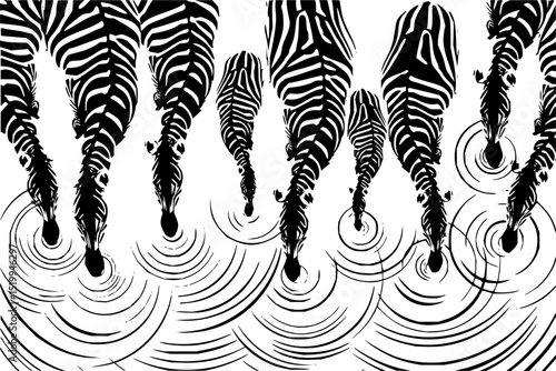 Minimilist a group of zebras drinking water from a pool creating ripples in a black and white graphic illustration vector