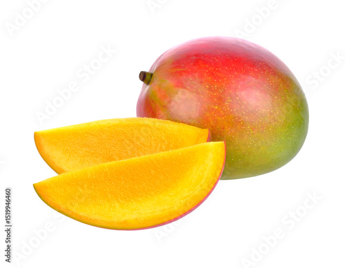 Ripe mango with slices, vibrant and delicious.