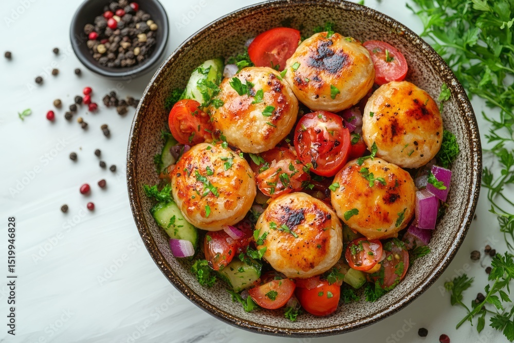 Golden chicken patties on fresh tomato cucumber salad in a rustic bowl with herbs and pepper scattered across marble surface Golden chicken patties on fresh tomato cucumber salad in a rustic bowl with herbs and pepper scattered across marble surface
