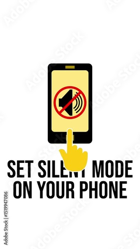 Instruction to set silent mode on the phone. Simple animation ready for mobile phone instruction or education.