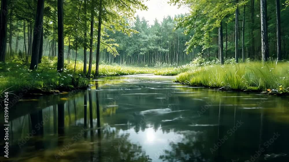 Serene forest stream reflecting the lush canopy. Tranquil, verdant, and peaceful Serene forest stream reflecting the lush canopy. Tranquil, verdant, and peaceful