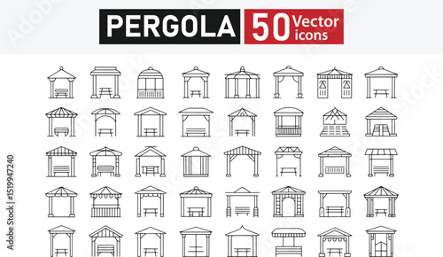 Collection of 50 line icons related to pergola, canopy, gazebo, seating, patio, shelter, arbor, Editable stroke. Vector illustration