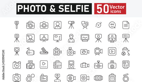 Collection of 50 line icons related to photo, selfie, picture, camera, gallery, tripod, capture, Editable stroke. Vector illustration