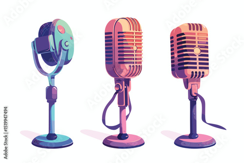 Set of retro microphones on white background.