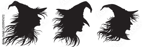 Witch Silhouette Profile with Flying Hair and Hat, Perfect for Halloween Designs black vector