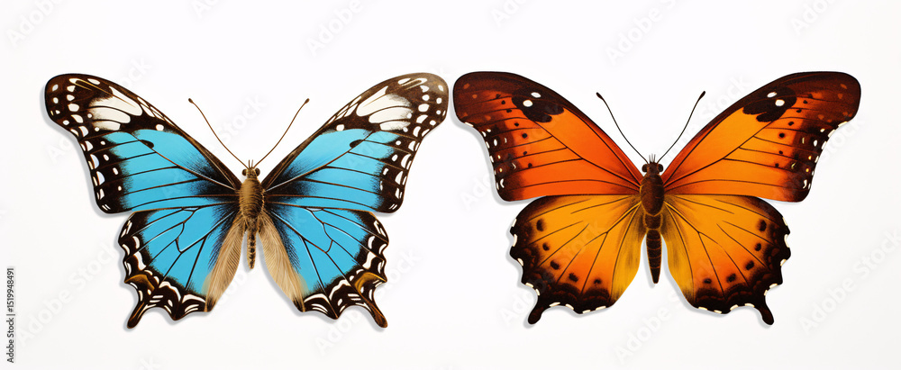 Obraz premium A captivating pair of butterflies, featuring a shimmering blue and a rich orange, presented side by side