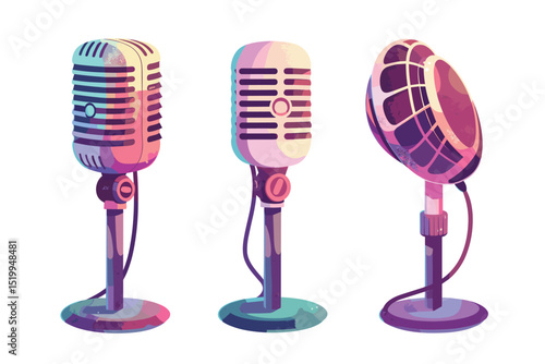 Set of retro microphones on white background.