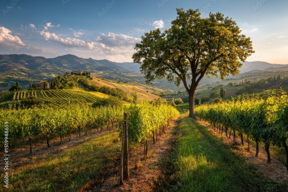 Fototapeta premium Scenic Vineyard Landscape Under the Tuscan Sun Sky