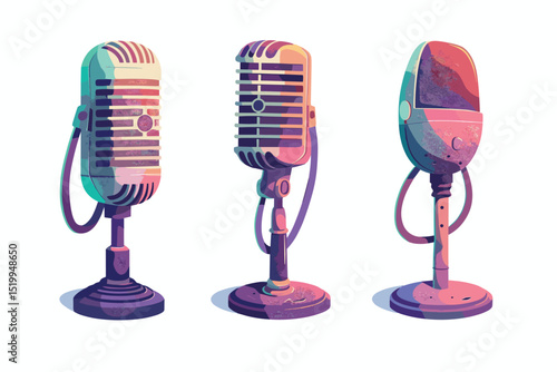 Set of retro microphones on white background.