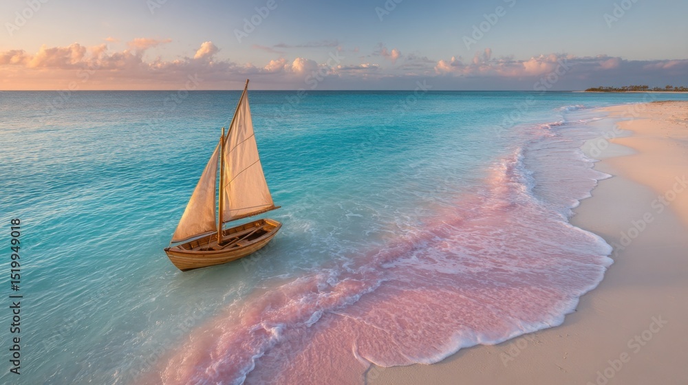 Obraz premium Tranquil Beach and Sailboat at Sunset: A Serene Island Paradise Escape