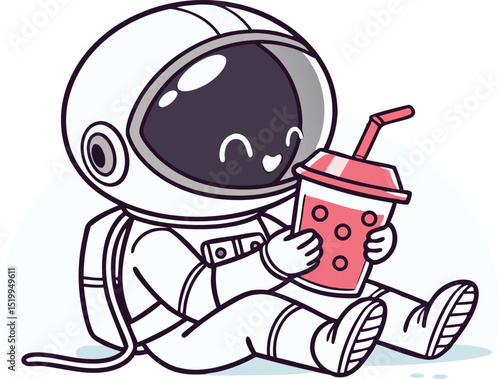 Kawaii-style cartoon vector of a happy astronaut enjoying bubble tea with a straw, ideal for cosmic character sets, drinks merchandise, and kid-friendly space content