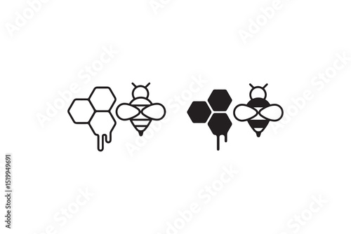Minimalist honeycomb and bee icon set with dripping honey effect