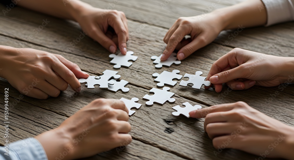 Team assembling puzzle pieces on wooden table Team assembling puzzle pieces on wooden table