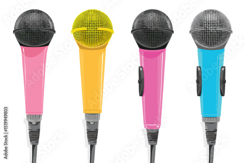 Set of retro microphones on white background.