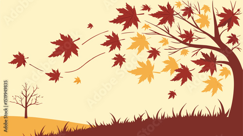 Illustration of autumn scene with wind blowing leaves off tree in brown and yellow colorscheme
