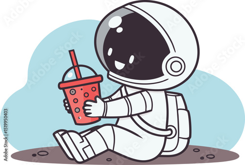 Cartoon vector illustration of a cute astronaut sitting and drinking bubble tea, perfect for space-themed designs, playful merchandise, and kawaii-style character branding