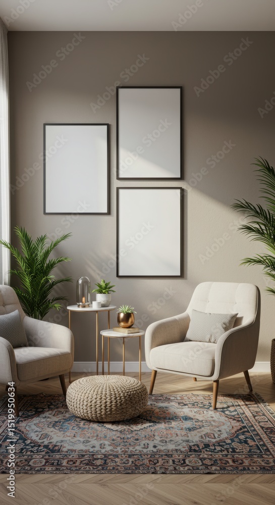 Three Vertical Frame Mockups in Modern Living Room Interior with Natural Lig Three Vertical Frame Mockups in Modern Living Room Interior with Natural Lig