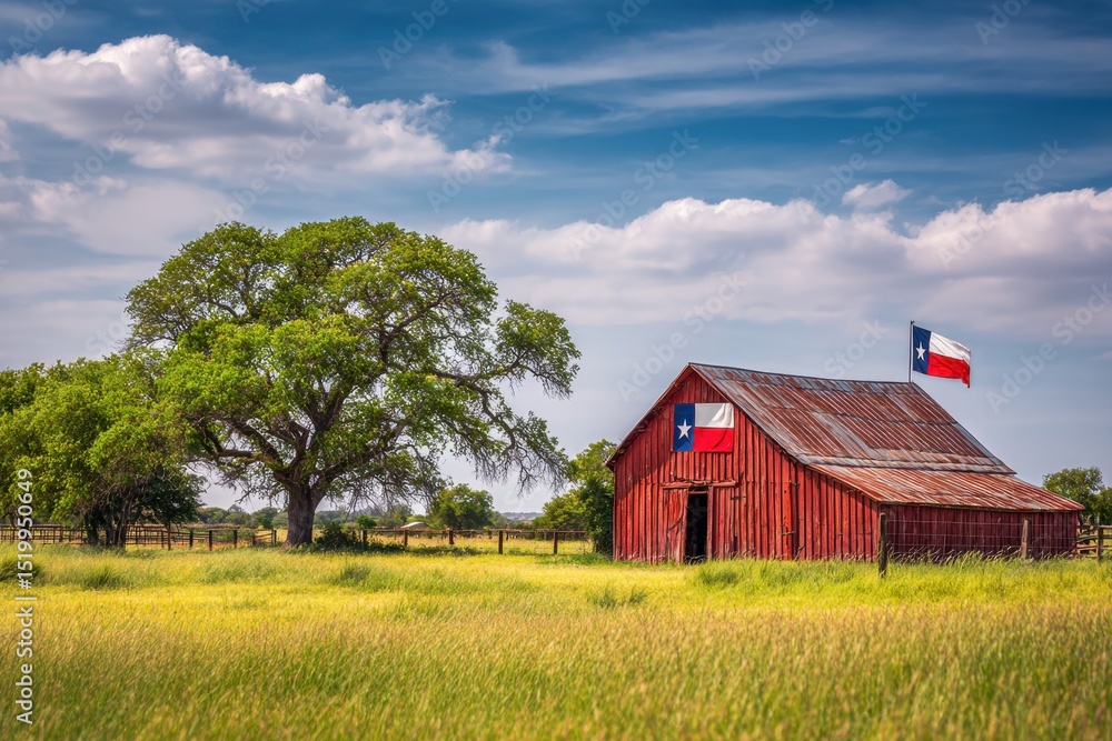 Rustic Farmhouse Under Texas Flag with Cottonwood Tree Rustic Farmhouse Under Texas Flag with Cottonwood Tree