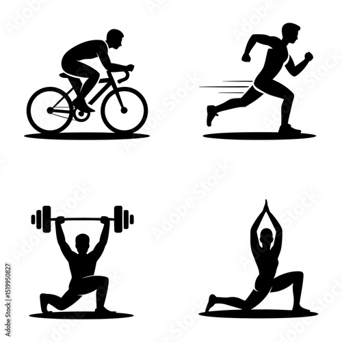 Athletic fitness and sports vector silhouette icons Black silhouettes of people cycling running weightlifting lunge and doing yoga exercise poses set