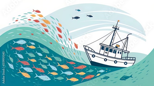 Fishing vessel surrounded by a dynamic underwater current of vibrant fish, rendered in a minimalistic illustrative style