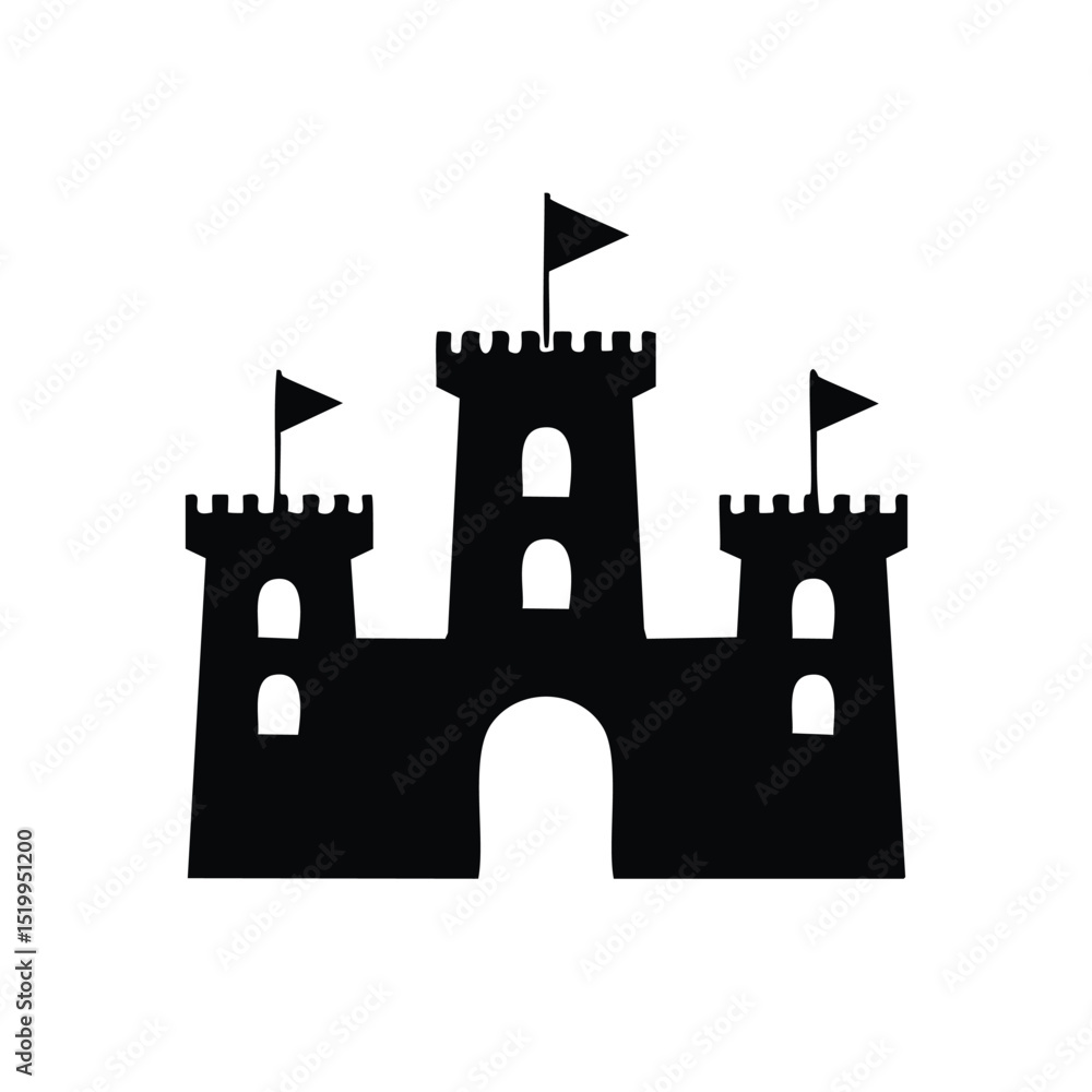 Black silhouette castle icon three towers flags Black silhouette castle icon three towers flags