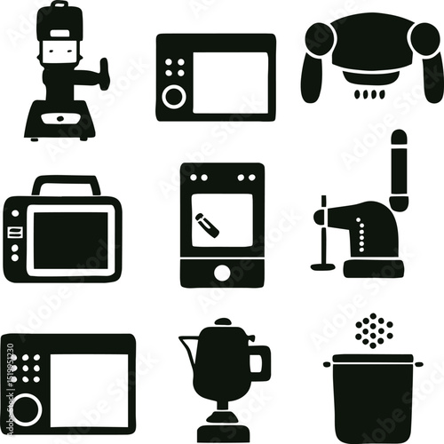 Kitchen appliances icons set black silhouettes design