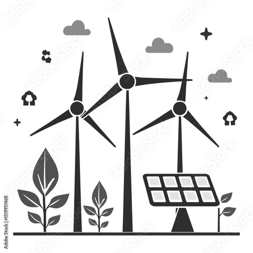 Greyscale renewable energy and ecology vector silhouette scene Nature illustration with wind turbines solar panel plants for green sustainable power