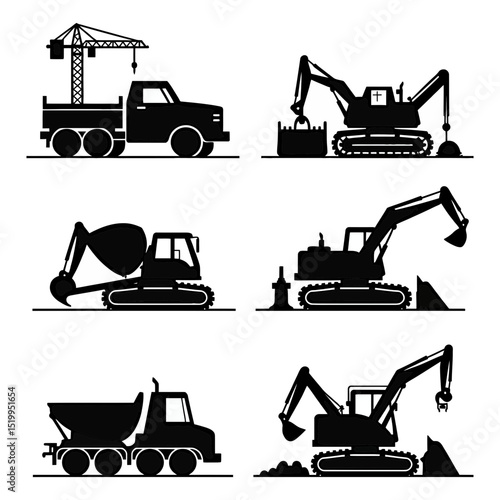 Heavy construction equipment and vehicles vector silhouette icon set Black industrial machinery silhouettes of dump truck crane excavator cement mixer