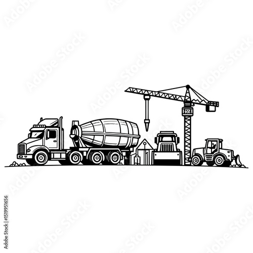 Construction vehicles and heavy equipment vector silhouette line art set Black and white drawing of concrete mixer truck crane loader and roller