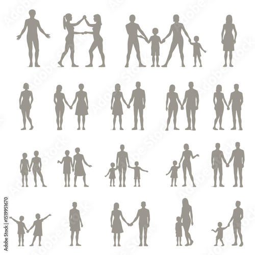 People family and couple silhouettes vector icon set Light grey human figures holding hands men women and children for community and relationship design